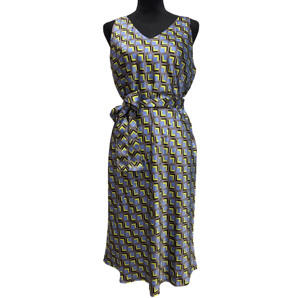 Wildfang The Empower Satin Slip Dress Womens Medium Blue Yellow Geometric Midi